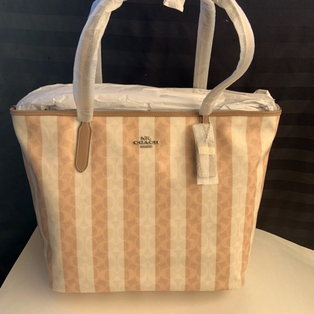 Coach sig city womans large  striped canvas leather tote bag New With Tags